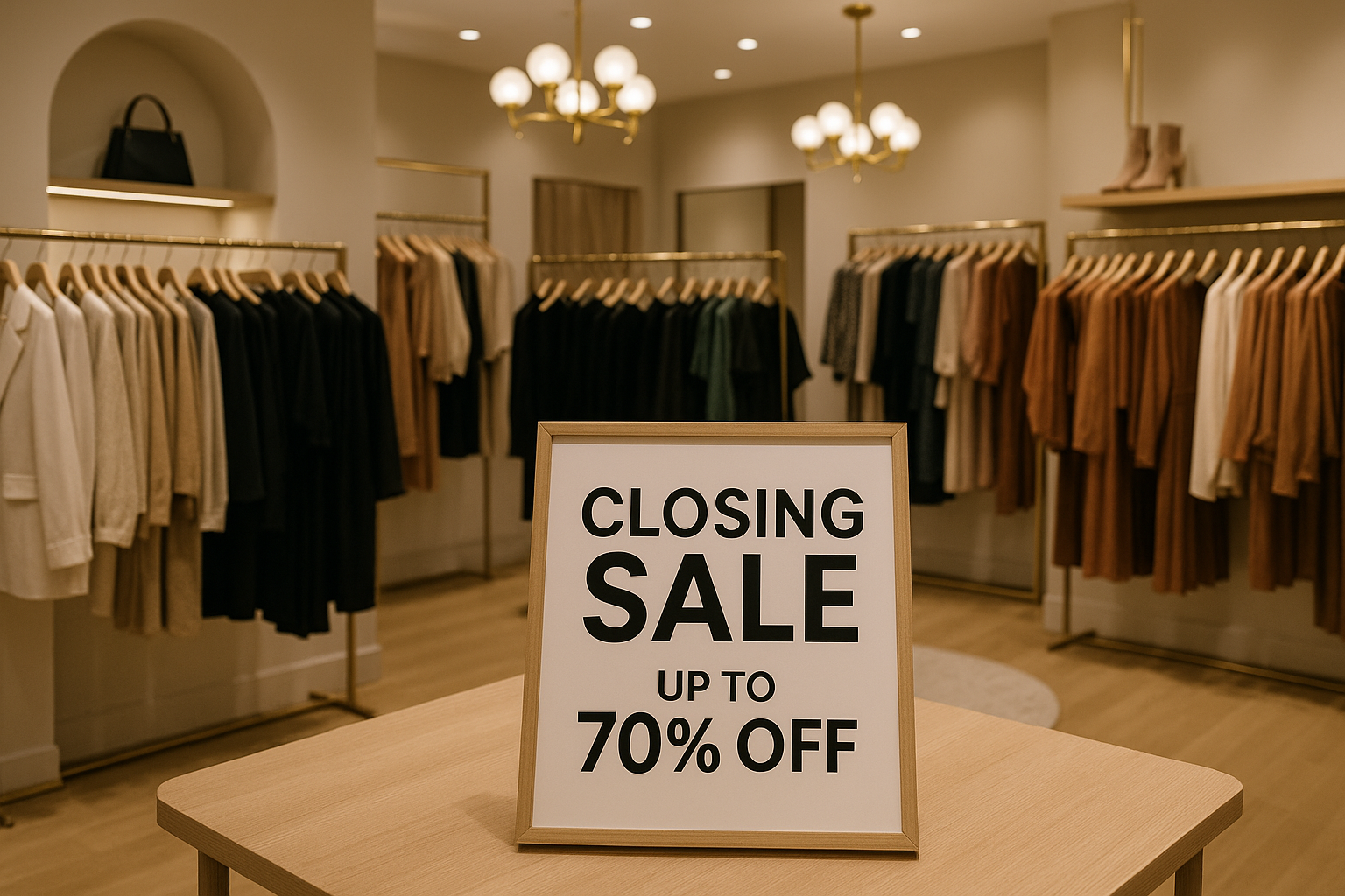 in a boutique store, with clothing around. and a sign on a table closing sale up to 70% sale